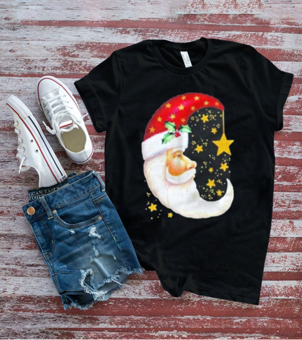 Christmas Santa Crescent Moon Starry Hat Print Crew Neck T-Shirt
