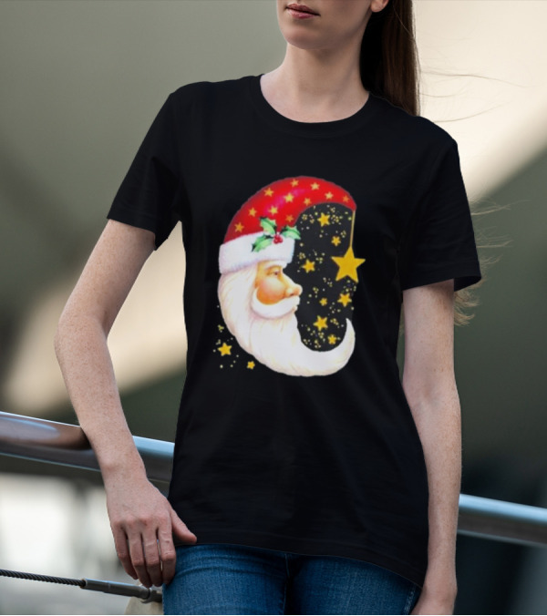 Christmas Santa Crescent Moon Starry Hat Print Crew Neck T-Shirt