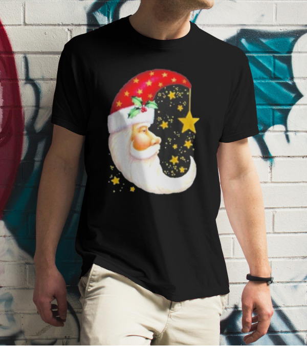 Christmas Santa Crescent Moon Starry Hat Print Crew Neck T-Shirt