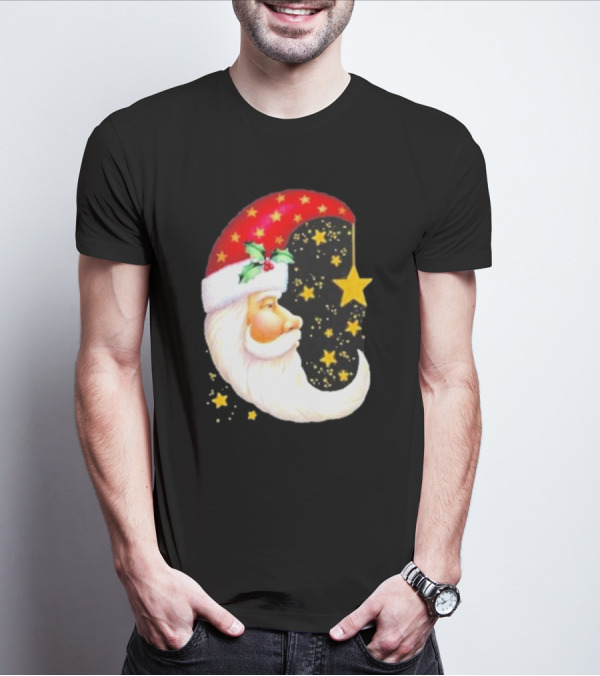 Christmas Santa Crescent Moon Starry Hat Print Crew Neck T-Shirt