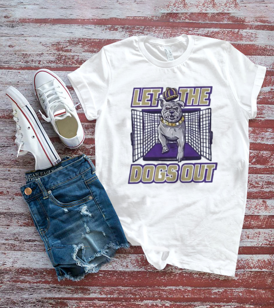 LET THE DOGS OUT Bulldog Escaping With Crown From Purple Cage T-Shirt