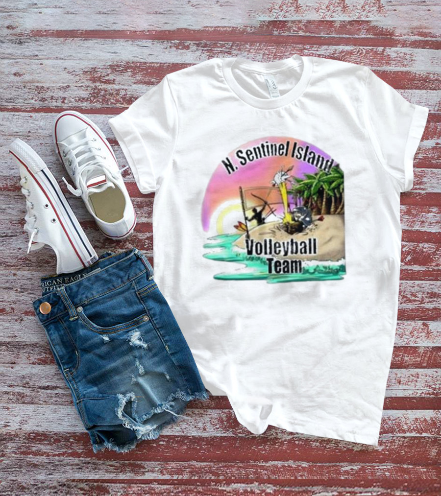 N. Sentinel Island Volleyball Team Sunset Beach Scene With Palms T-Shirt
