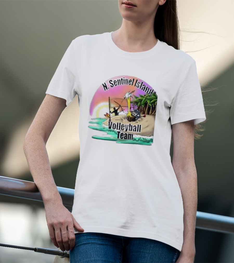 N. Sentinel Island Volleyball Team Sunset Beach Scene With Palms T-Shirt