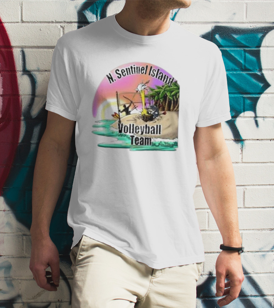 N. Sentinel Island Volleyball Team Sunset Beach Scene With Palms T-Shirt