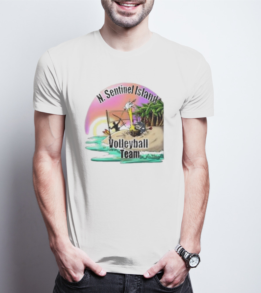 N. Sentinel Island Volleyball Team Sunset Beach Scene With Palms T-Shirt