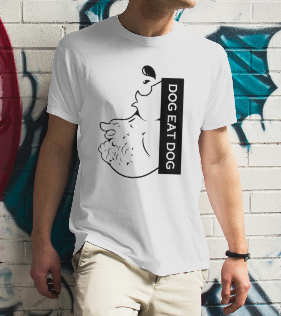 Slosh Dog Eat Dog Vertical Text Graphic With Cartoon Style Dog Outline T-Shirt
