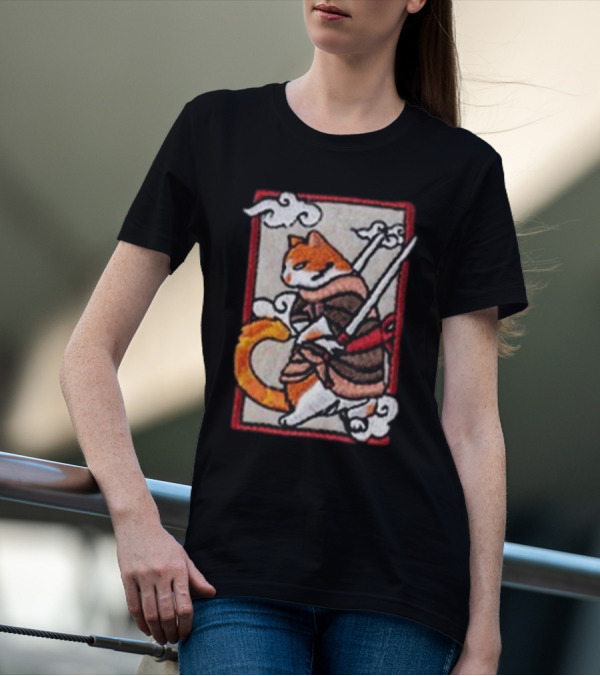Loky Rain Loky Samurai Cat In Traditional Armor With Swords And Clouds T-Shirt