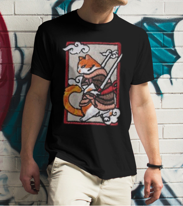 Loky Rain Loky Samurai Cat In Traditional Armor With Swords And Clouds T-Shirt
