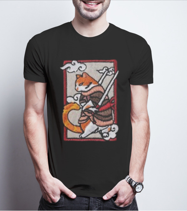 Loky Rain Loky Samurai Cat In Traditional Armor With Swords And Clouds T-Shirt