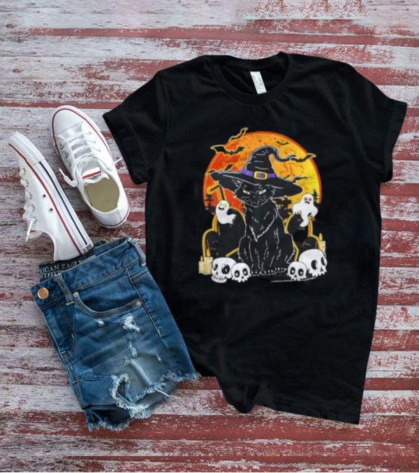 Black Cat Witch Skull Cemetery Blood Moon Halloween Ghosts T-Shirt