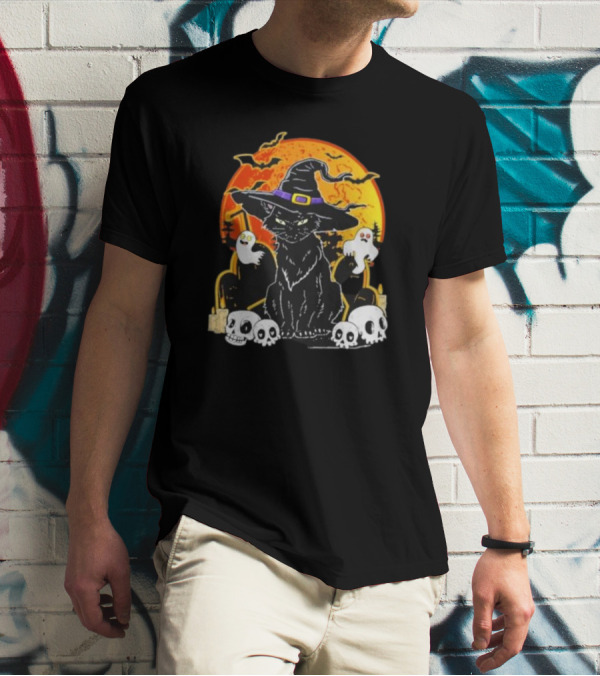 Black Cat Witch Skull Cemetery Blood Moon Halloween Ghosts T-Shirt