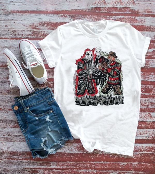 Violent Faceoff Horror Icons Showdown Freddy Krueger Vs Jason Voorhees In Front Of Crowd T-Shirt