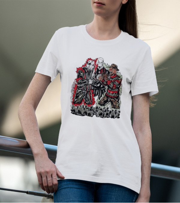 Violent Faceoff Horror Icons Showdown Freddy Krueger Vs Jason Voorhees In Front Of Crowd T-Shirt