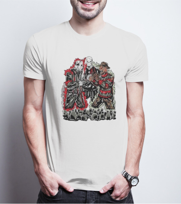 Violent Faceoff Horror Icons Showdown Freddy Krueger Vs Jason Voorhees In Front Of Crowd T-Shirt