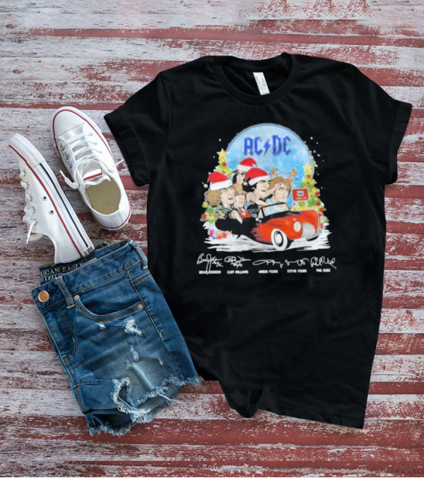 ACDC Band Members In Santa Hats Merry Christmas Signatures On Car With Highway To Hell Sign T-Shirt