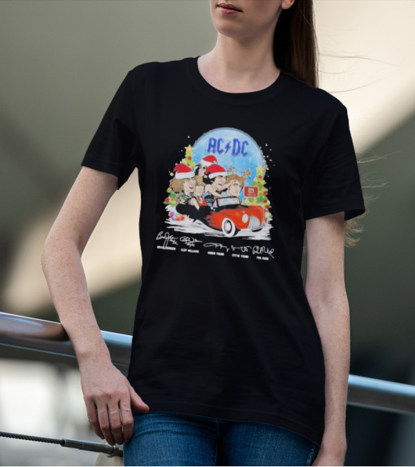ACDC Band Members In Santa Hats Merry Christmas Signatures On Car With Highway To Hell Sign T-Shirt