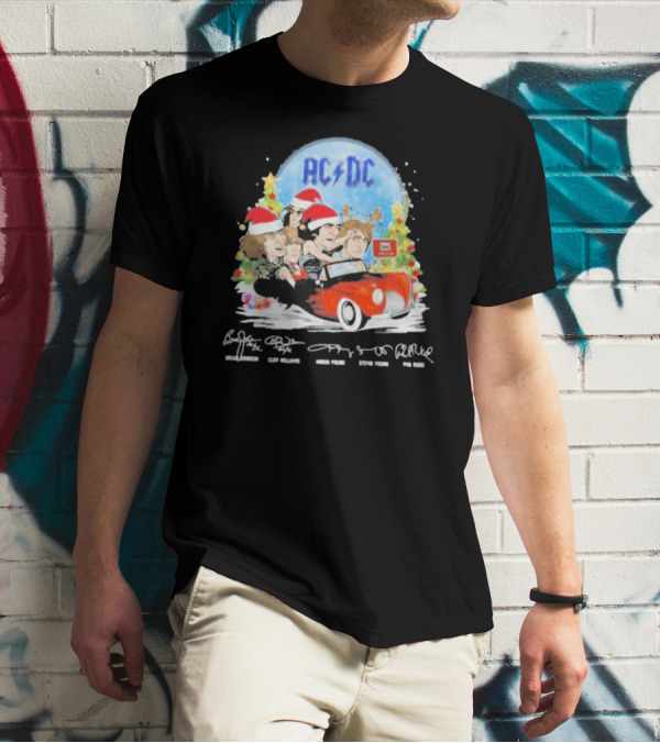 ACDC Band Members In Santa Hats Merry Christmas Signatures On Car With Highway To Hell Sign T-Shirt