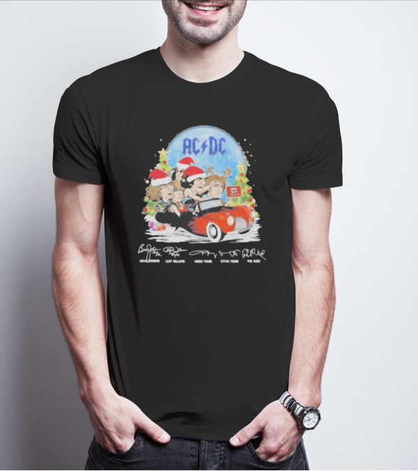 ACDC Band Members In Santa Hats Merry Christmas Signatures On Car With Highway To Hell Sign T-Shirt