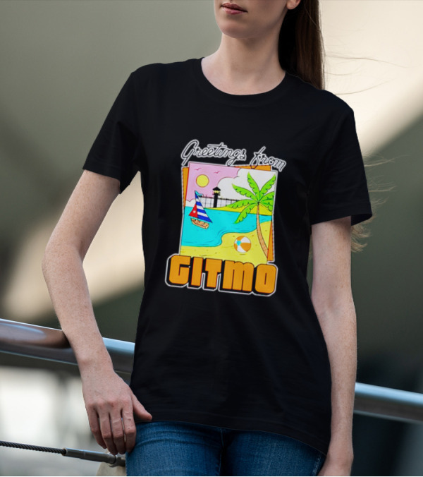 Greetings From Gitmo Beach Paradise With Sailboat And Palm Tree T-Shirt