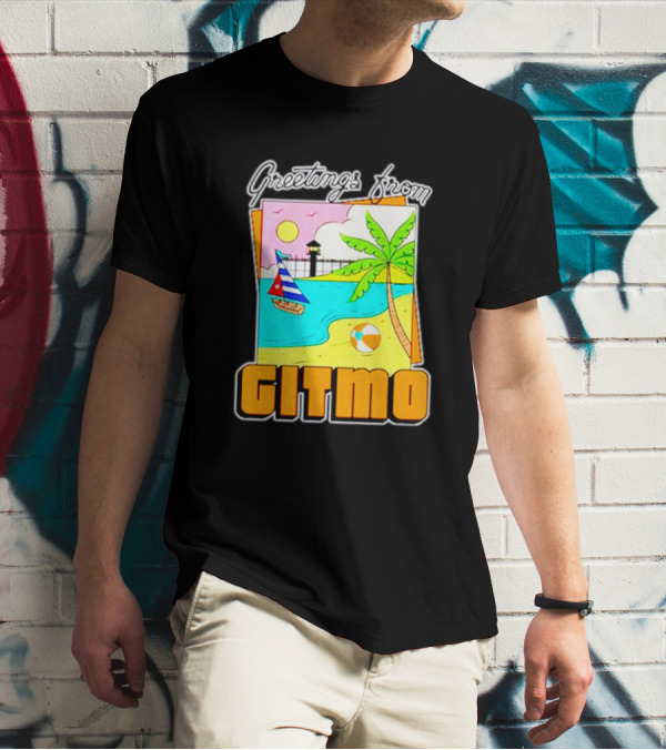 Greetings From Gitmo Beach Paradise With Sailboat And Palm Tree T-Shirt