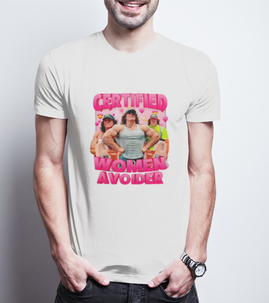 Certified Women Avoider Sam Sulek Portrait With Heart Symbols And Muscular Poses T-Shirt