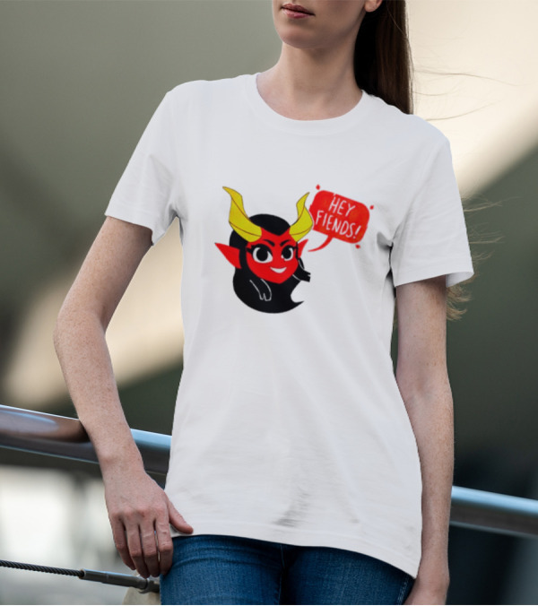 Ginnydi Hey Fiends Demon Cartoon Character With Red Face Yellow Horns And Black Hair T-Shirt