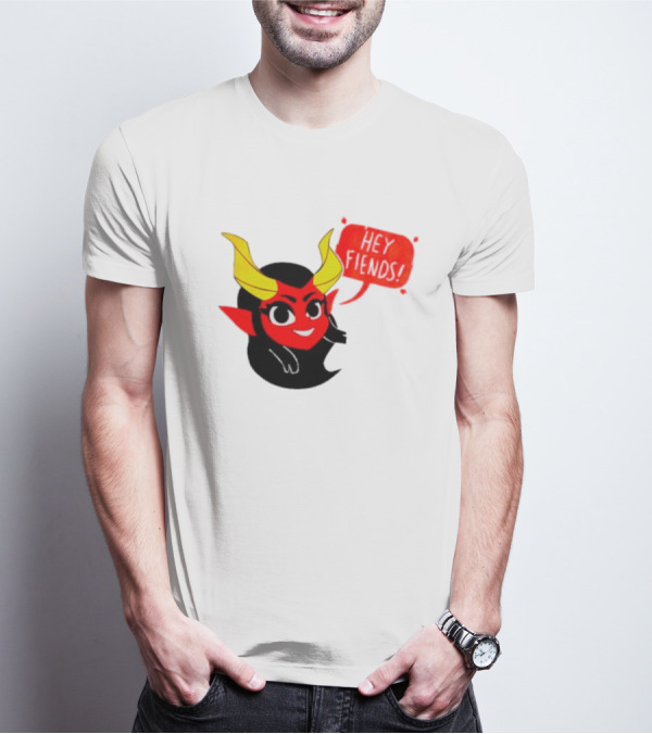 Ginnydi Hey Fiends Demon Cartoon Character With Red Face Yellow Horns And Black Hair T-Shirt