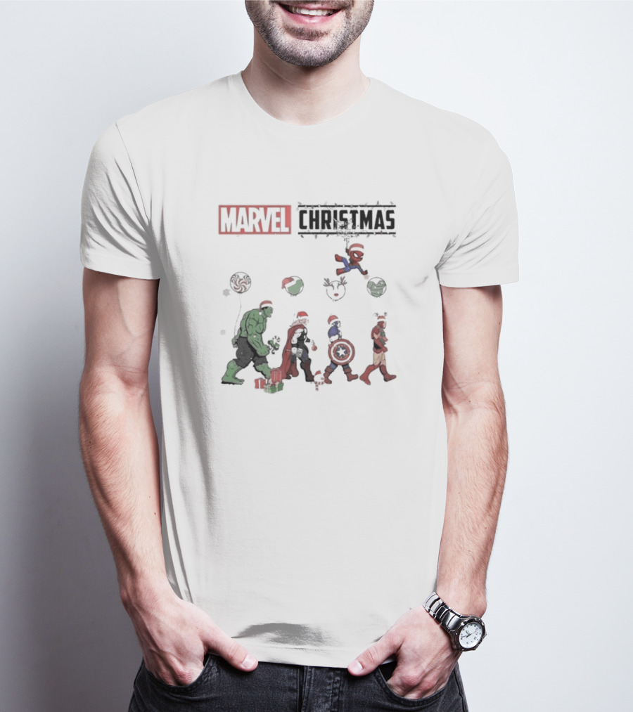 Marvel Christmas Superhero Characters In Santa Hats T-Shirt
