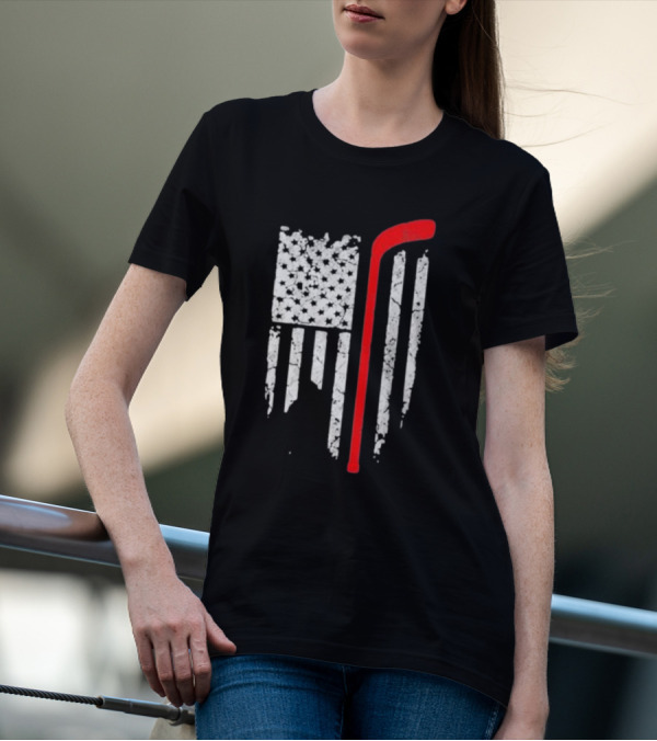 Hockey Stick American Flag Stars Stripes T-Shirt
