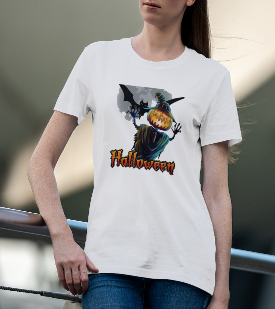 Halloween Horror Witch Straw Man Pumpkins Bat Scary Night T-Shirt