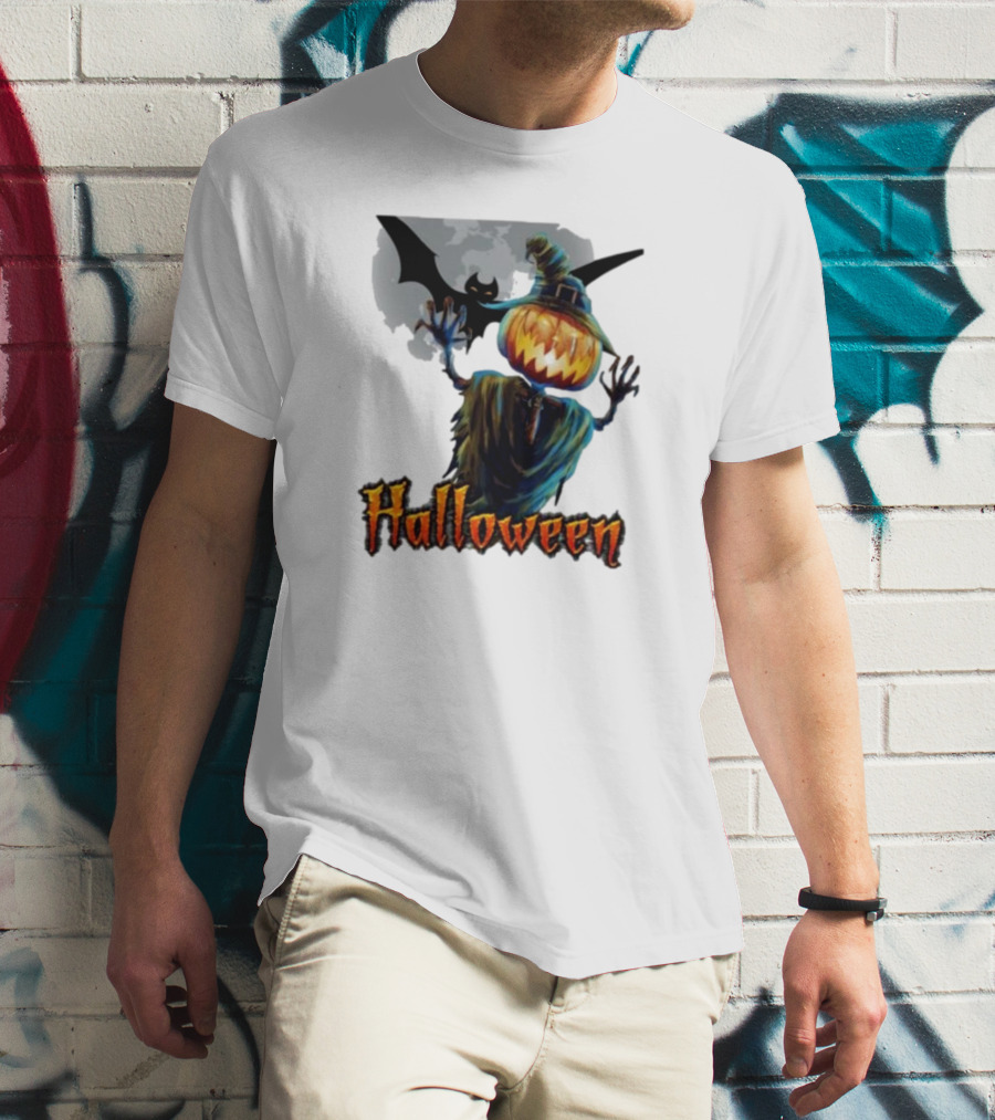 Halloween Horror Witch Straw Man Pumpkins Bat Scary Night T-Shirt