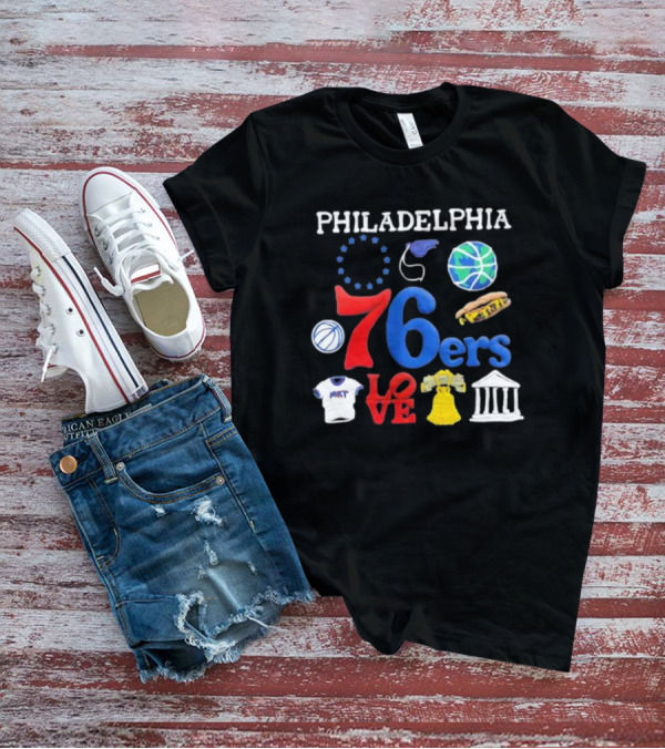 Philadelphia 76ers NBA Market Claymation Love Basketball Hotdog Liberty Bell Federal Building T-Shirt