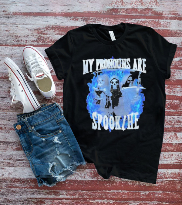 My Pronouns Are Spook He Blue Flames Grim Reaper Trio T-Shirt