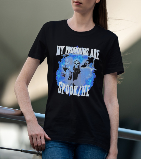 My Pronouns Are Spook He Blue Flames Grim Reaper Trio T-Shirt