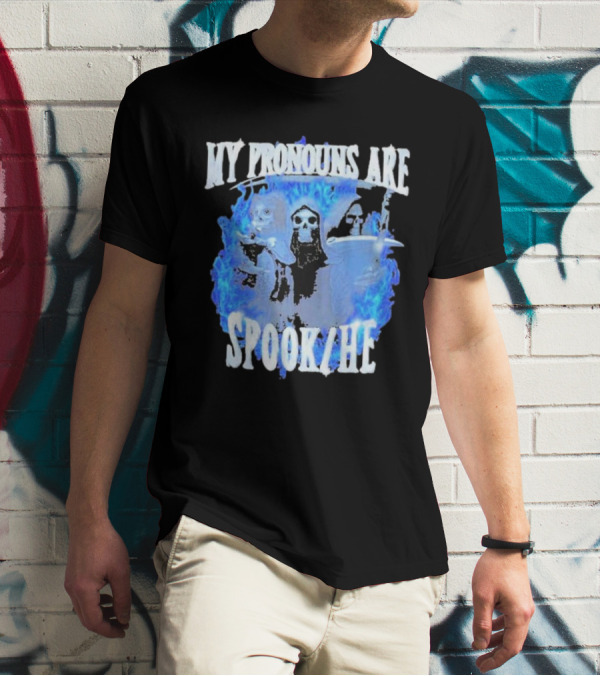 My Pronouns Are Spook He Blue Flames Grim Reaper Trio T-Shirt