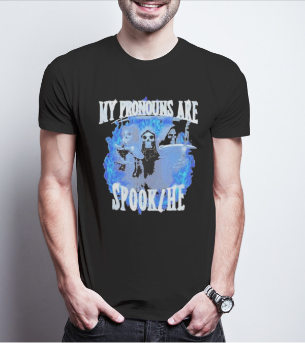 My Pronouns Are Spook He Blue Flames Grim Reaper Trio T-Shirt