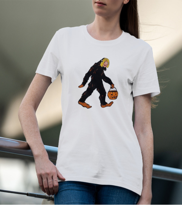Mystical Halloween Sasquatch Holding Pumpkin Bucket Spooky Costume T-Shirt