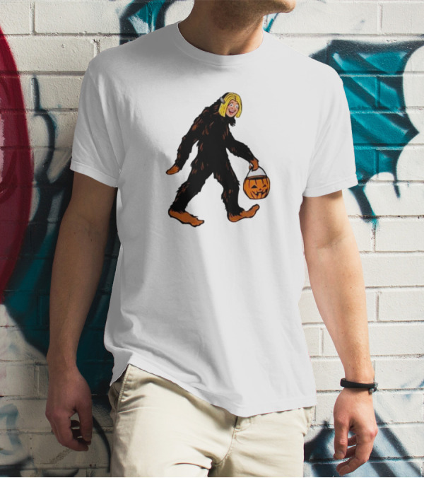 Mystical Halloween Sasquatch Holding Pumpkin Bucket Spooky Costume T-Shirt