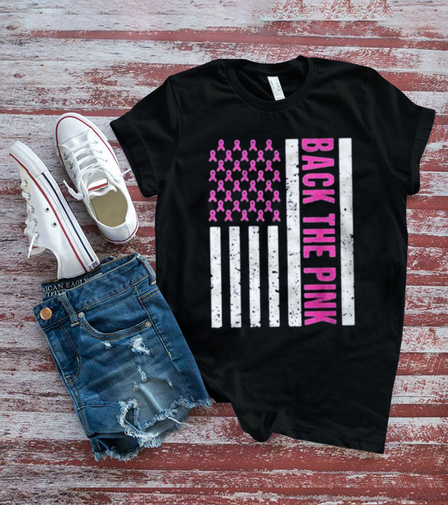 Back The Pink Breast Cancer Awareness American Flag Ribbons T-Shirt