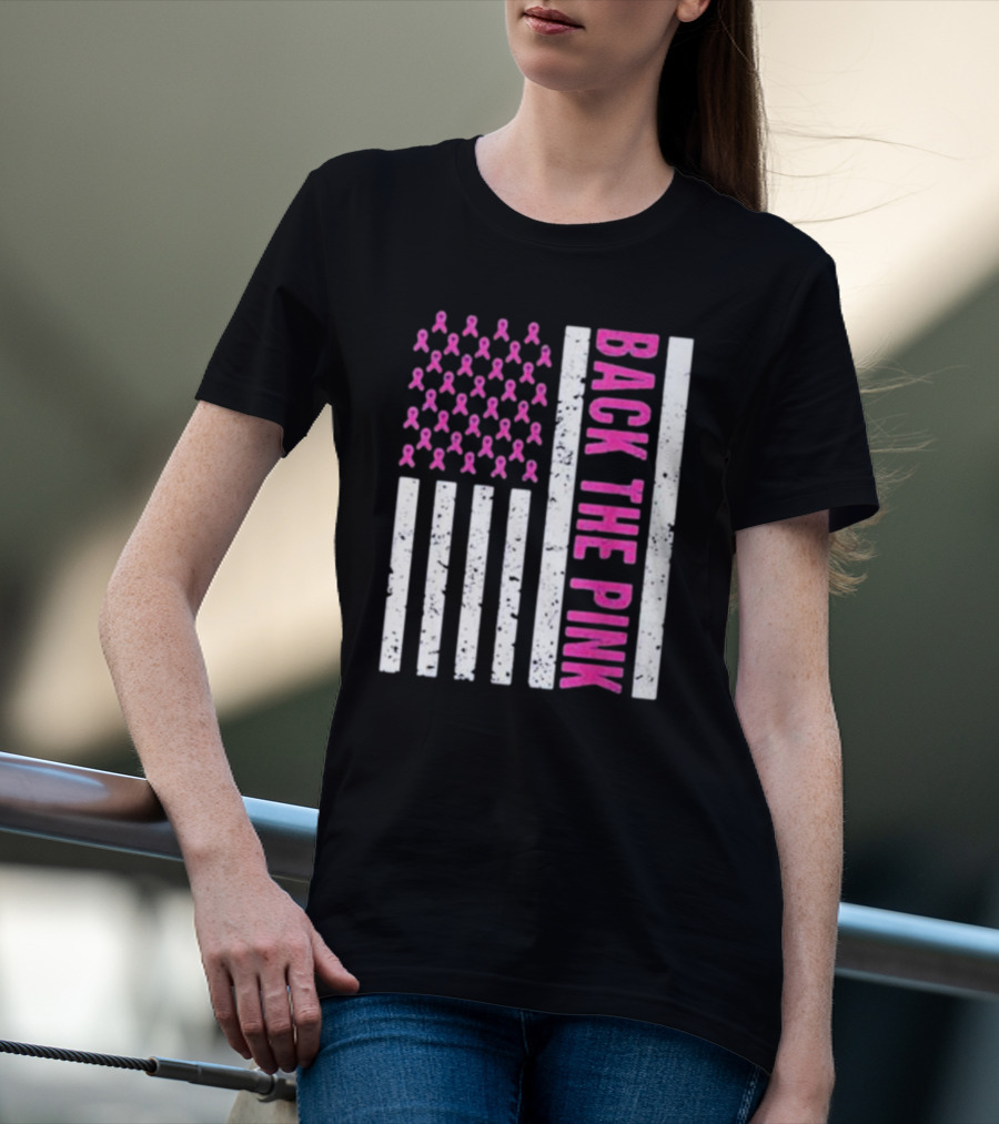 Back The Pink Breast Cancer Awareness American Flag Ribbons T-Shirt