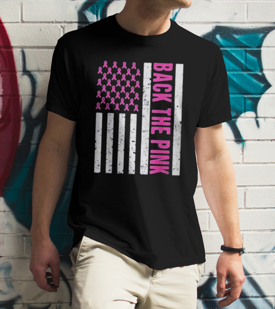 Back The Pink Breast Cancer Awareness American Flag Ribbons T-Shirt