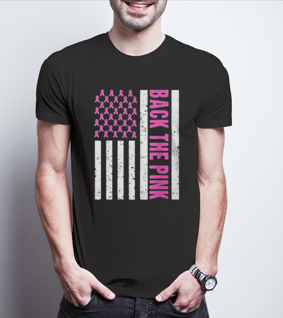Back The Pink Breast Cancer Awareness American Flag Ribbons T-Shirt