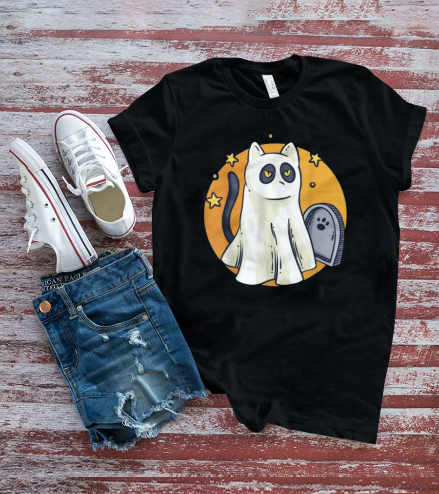 Cute Ghost Cat Halloween Outfit Black Cat With Stars And Tombstone T-Shirt