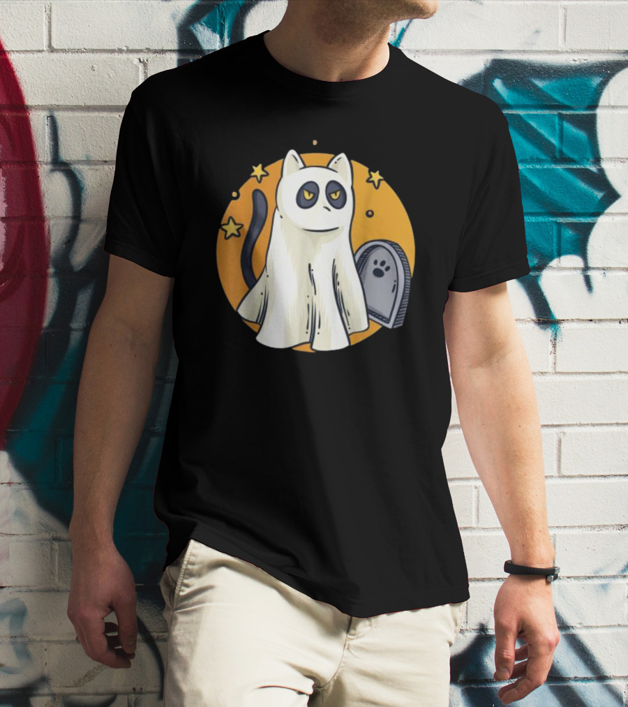 Cute Ghost Cat Halloween Outfit Black Cat With Stars And Tombstone T-Shirt