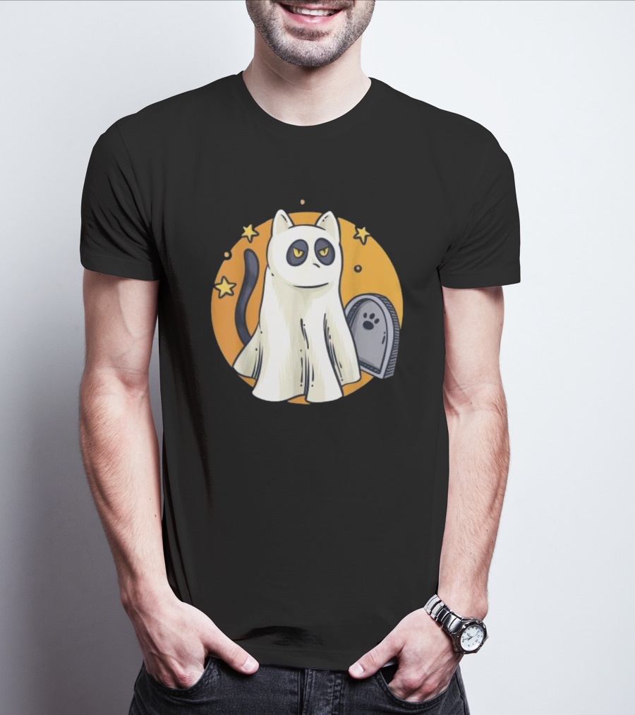 Cute Ghost Cat Halloween Outfit Black Cat With Stars And Tombstone T-Shirt