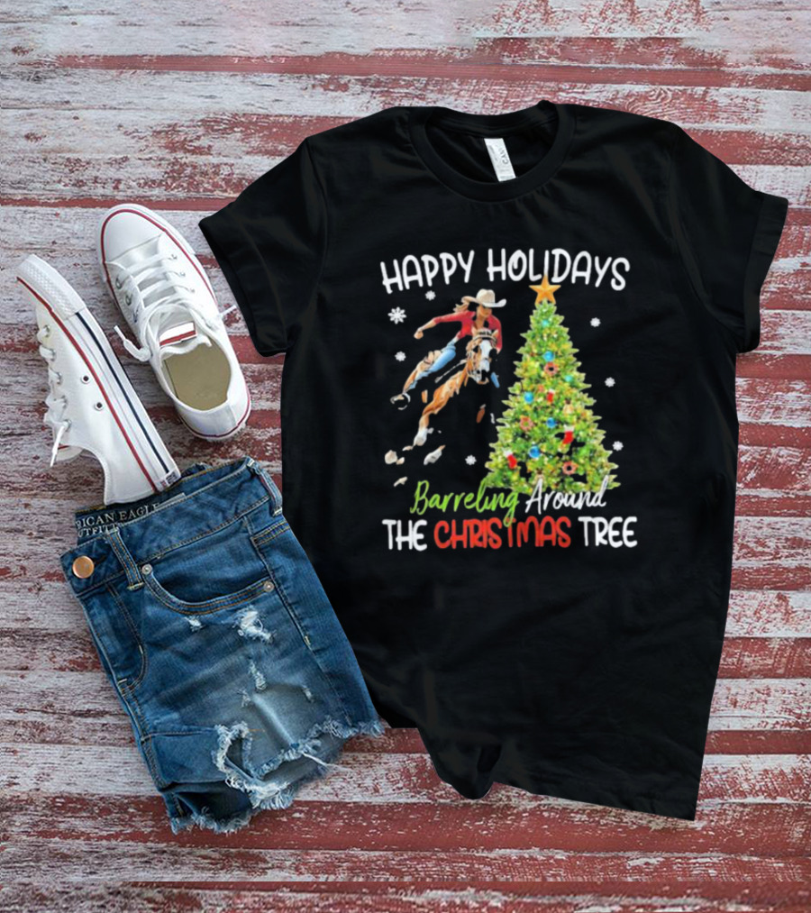 Happy Holidays Cowgirl Barrel Racing Around The Christmas Tree T-Shirt