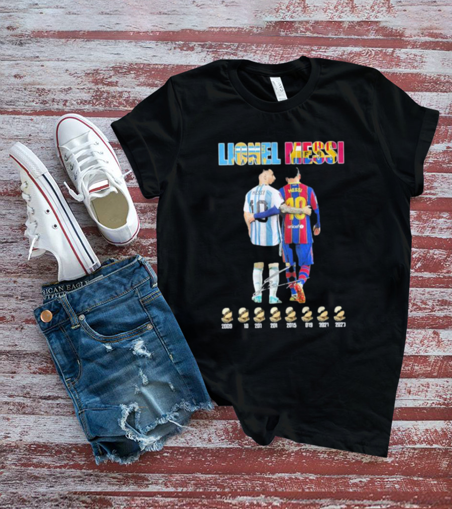 Lionel Messi Past And Now 8 Time Winner Ballon D'or Awards Over The Years Signature T-Shirt