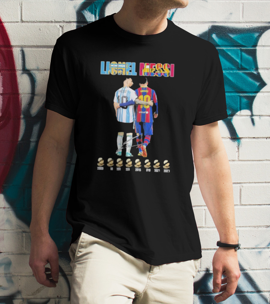 Lionel Messi Past And Now 8 Time Winner Ballon D'or Awards Over The Years Signature T-Shirt
