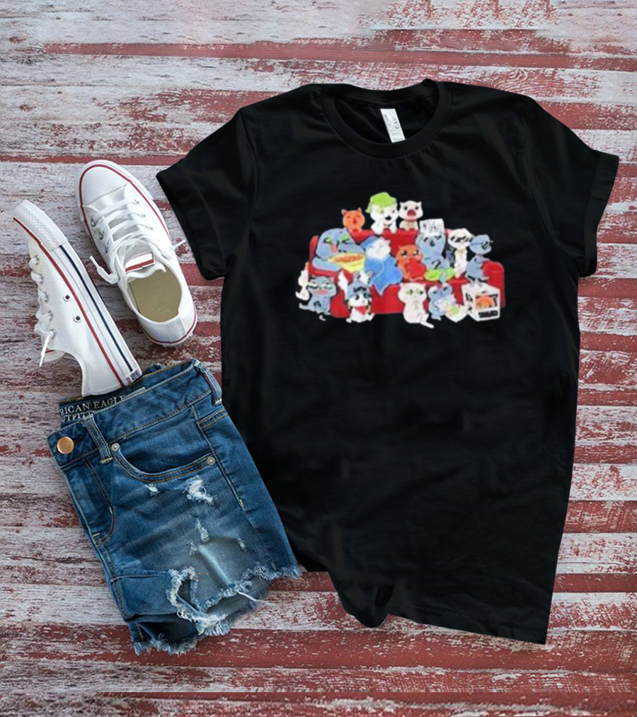 Lirik Couch Gang Cat Characters On Red Sofa With Snacks T-Shirt