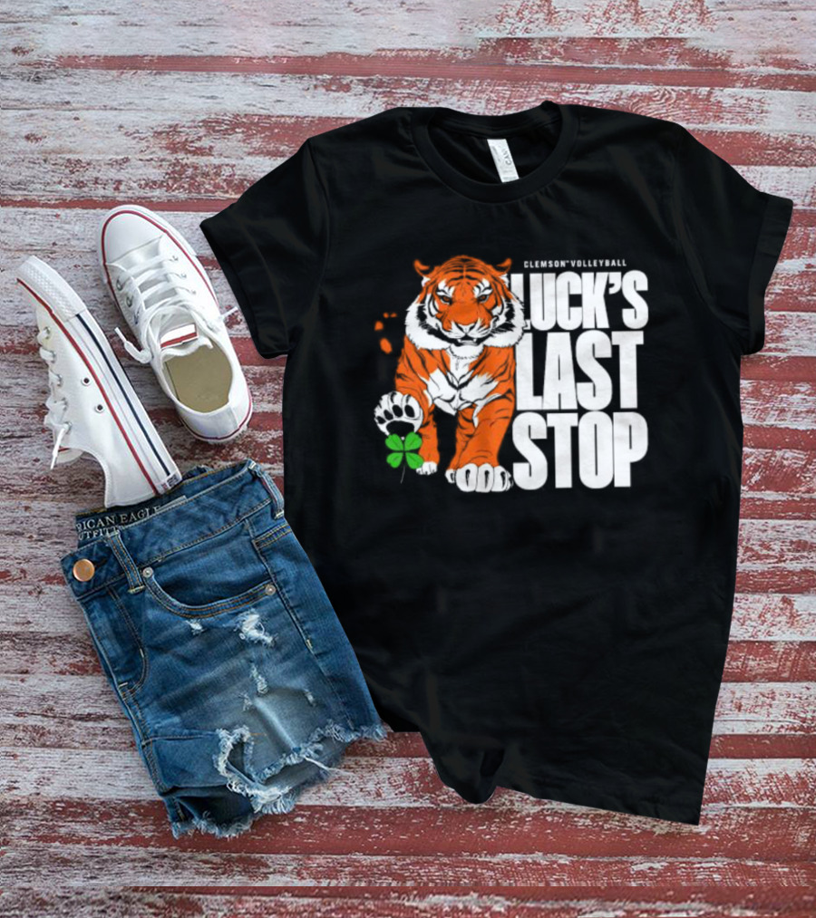 Clemson Volleyball Tiger Luck's Last Stop Tiger Paw With Clover T-Shirt